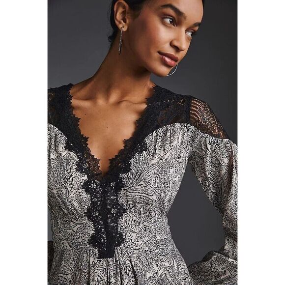 Anthropologie Black & White Lacy V-Neck Mini Dress - Picture 2 of 11